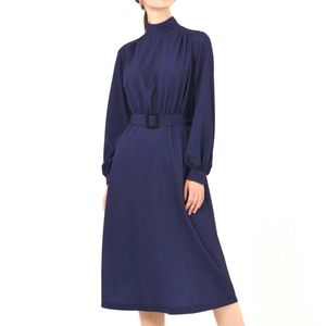 CLOSET LONDON NAVY HIGH NECK LONG SLEEVE MIDI DRESS